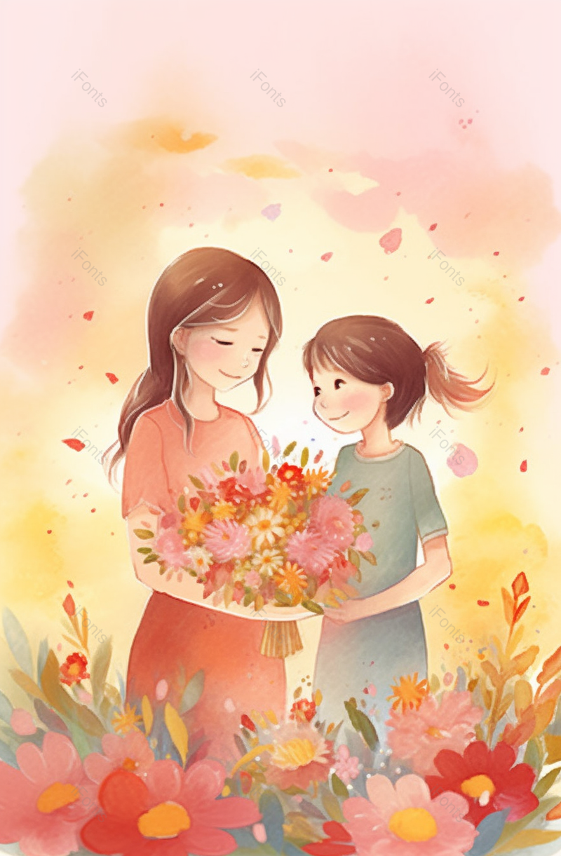 女孩献花花给母亲感恩母亲水彩画背景图,插画/手绘图,插画/手绘图库,插画/手绘图下载,插画/手绘